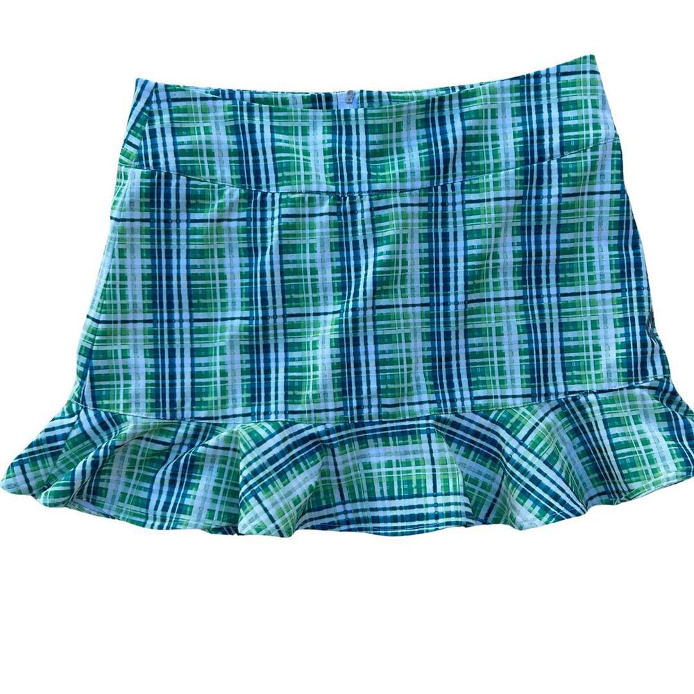 4all by JoFit Ruffle Bottom Golf Tennis Skort Green White Blue Plaid Size 6